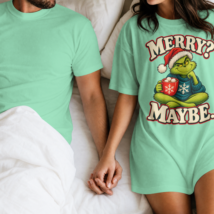 Merry Maybe Christmas Shirt, Funny Couple Christmas Tee, Grumpy Holiday Pajama Top, Oversized Xmas T-Shirt Gift