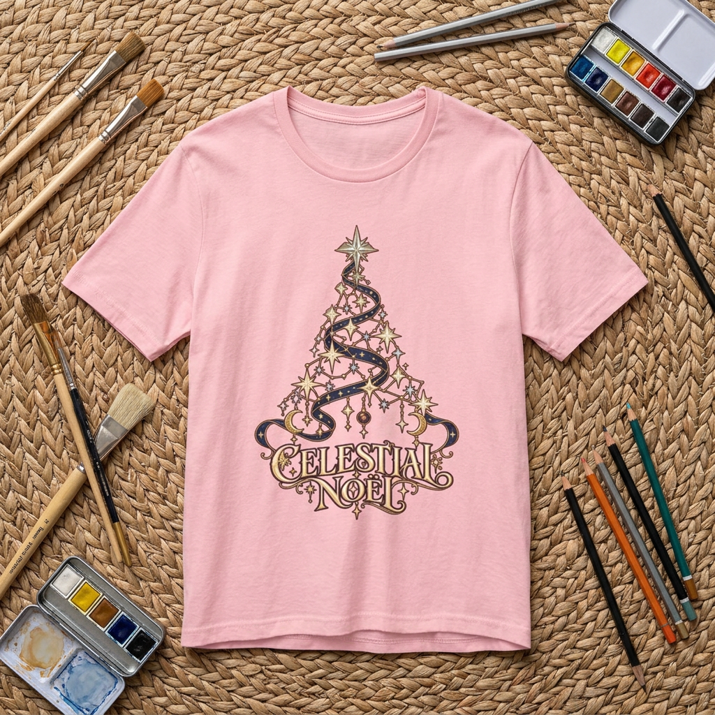 Celestial Christmas Tree Shirt, Star and Moon Holiday Tee, Mystical Christmas T-Shirt, Celestial Noel Gift for Her, Vintage Xmas Top