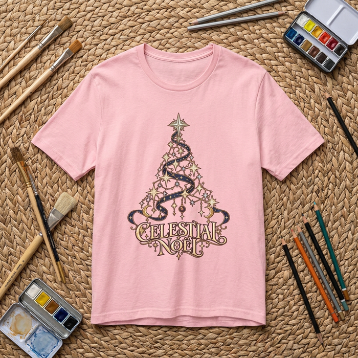 Celestial Christmas Tree Shirt, Star and Moon Holiday Tee, Mystical Christmas T-Shirt, Celestial Noel Gift for Her, Vintage Xmas Top