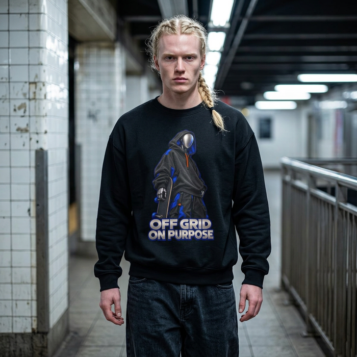 Off Grid On Purpose Sweatshirt, Robot Skater Crewneck, Cyberpunk Streetwear Sweater, Skateboard Graphic Pullover, Gift for Him