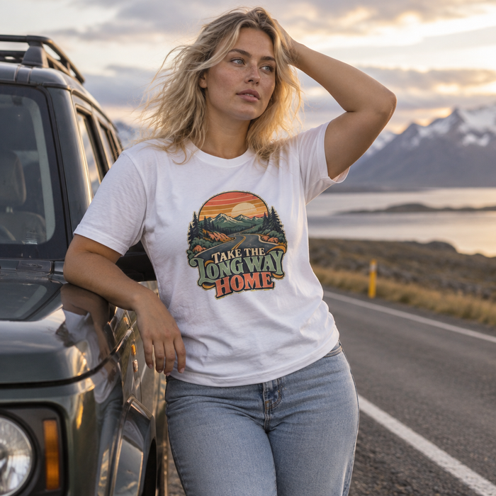 Take the Long Way Home Shirt, Retro Sunset Mountain Road Trip Tee, Unisex Vintage Adventure Graphic T-Shirt, Hiking Gift, Travel Lover