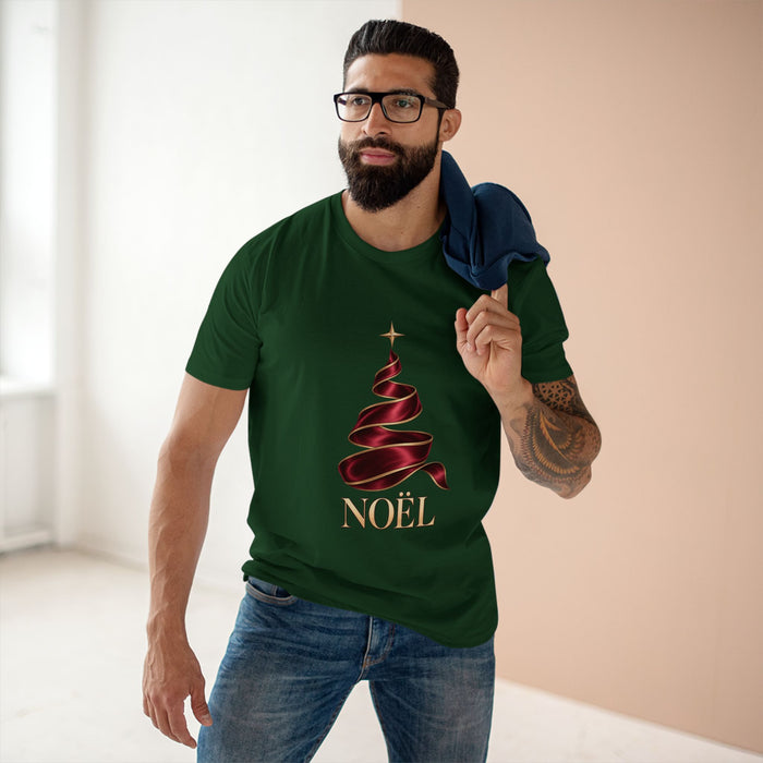 Noël Christmas T-Shirt – Burgundy Ribbon Tree and Gold Star Graphic