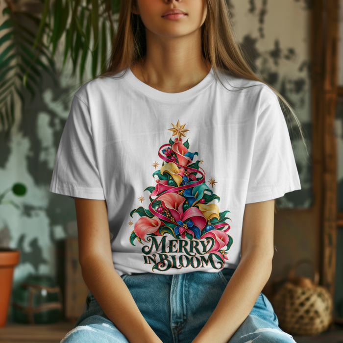 Merry in Bloom Floral Christmas Tree T-Shirt, Calla Lily Christmas Tee, Botanical Holiday Shirt, Christmas Gift for Her