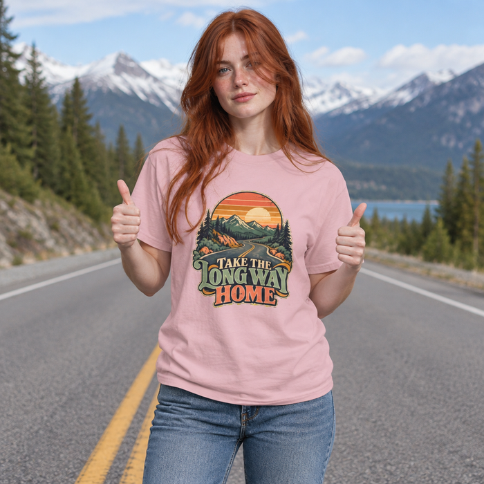 Take the Long Way Home Shirt, Retro Sunset Mountain Road Trip Tee, Unisex Vintage Adventure Graphic T-Shirt, Hiking Gift, Travel Lover