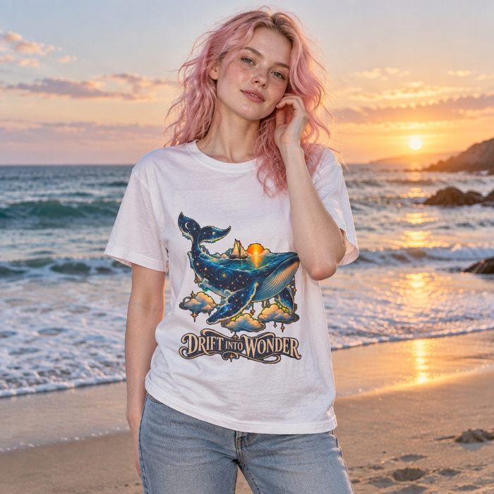 Celestial Whale Shirt, Drift Into Wonder Starry Night Ocean Tee, Unisex Cosmic Whale Graphic T-Shirt, Sailboat Sunset, Ocean Lover Gift