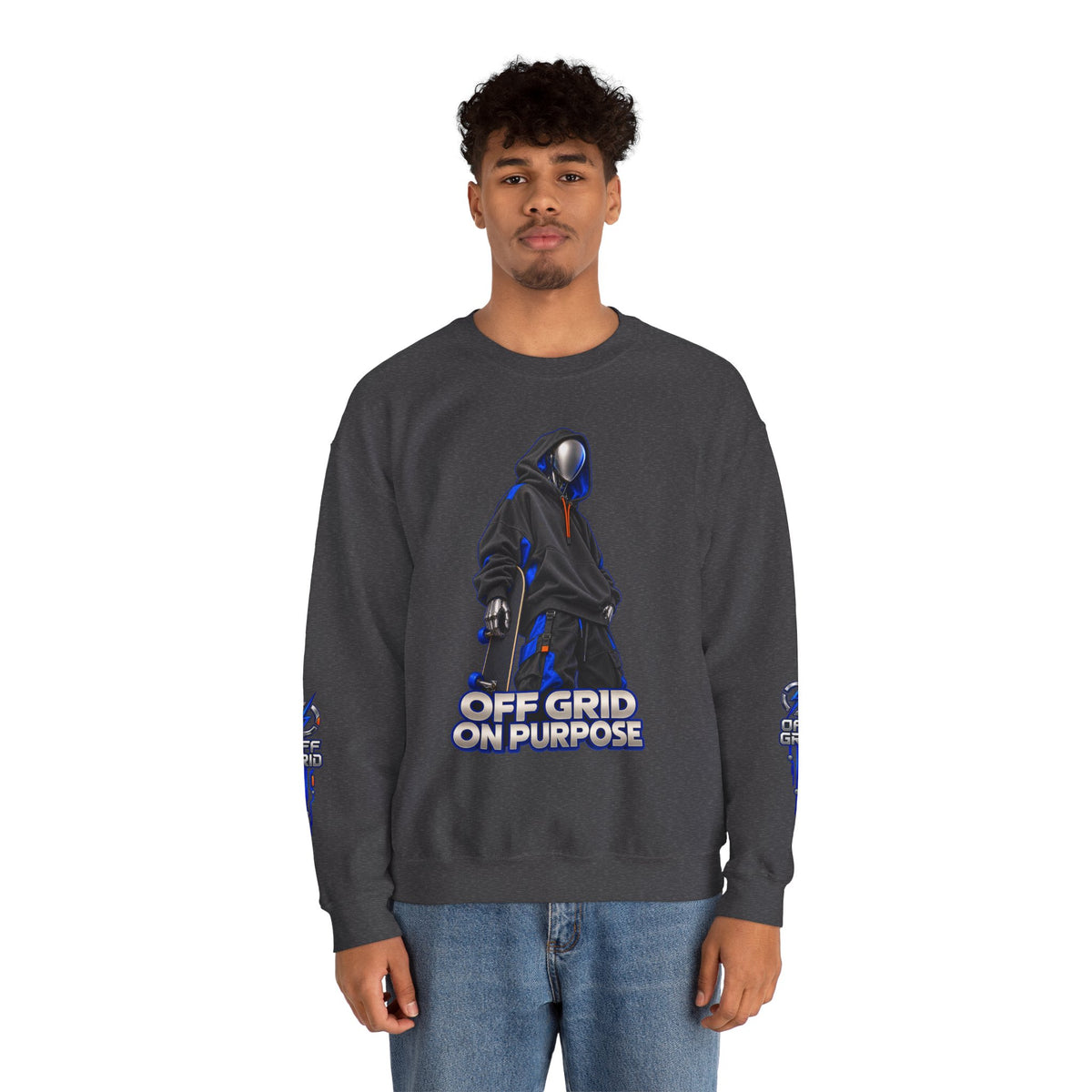 Off Grid On Purpose Sweatshirt, Robot Skater Crewneck, Cyberpunk Streetwear Sweater, Skateboard Graphic Pullover, Gift for Him